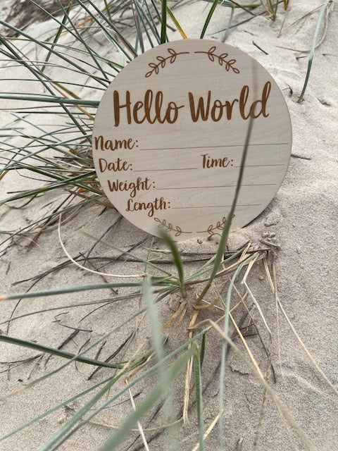 Wooden "Hello World" Birth Announcement 2